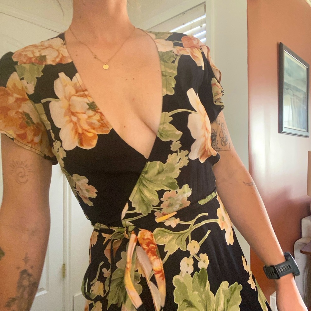 Christy Dawn The Autumn Wrap Dress with Peach & Green Blossoms - Picture 2 of 6